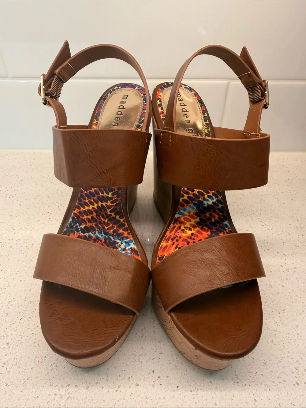 Madden Girl Element Brown Cork-Style Platform Wedge Sandals Size 7